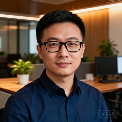 直播屋创始人兼CEO张磊的圆形头像照片，35岁男性，戴眼镜，身穿深蓝色衬衫，背景为办公室环境