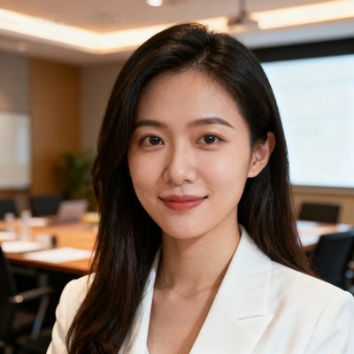 直播屋产品经理林薇的圆形头像照片，29岁女性，长发，穿着白色西装外套，背景为产品讨论会议室
